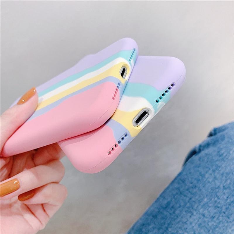 Fashionable Rainbow Silicone Luxury Case For iPhone 11 12 13 14 Pro Max XR X XS 7 8 Plus Mini Soft Shockproof Cover Creative Cute Rainbow Pink Stripe Line Soft Silicone Case