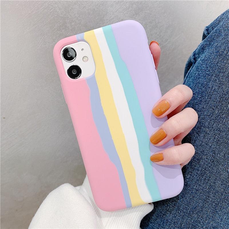 Fashionable Rainbow Silicone Luxury Case For iPhone 11 12 13 14 Pro Max XR X XS 7 8 Plus Mini Soft Shockproof Cover Creative Cute Rainbow Pink Stripe Line Soft Silicone Case