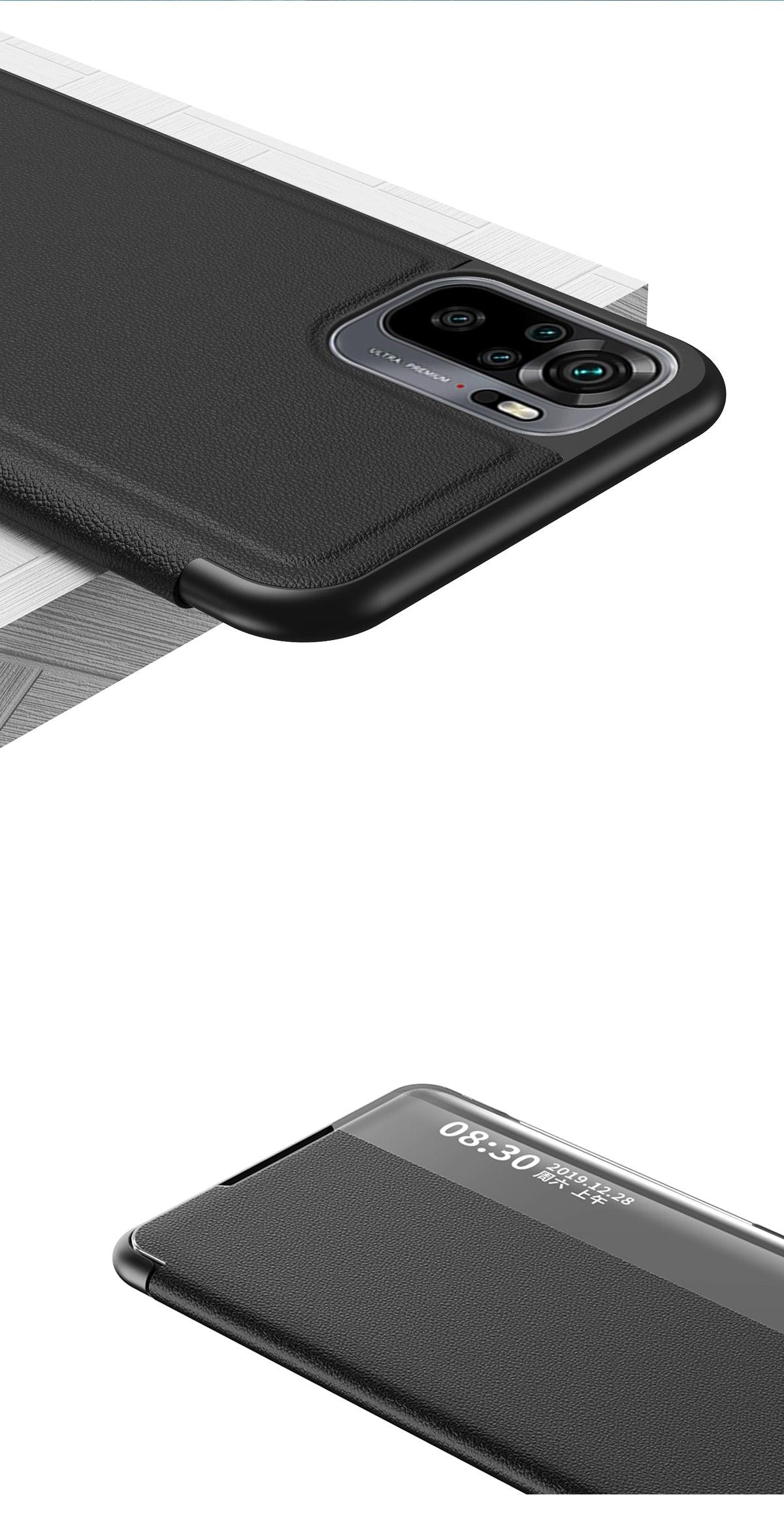 Flip Case for Xiaomi Redmi Note 11 11S 10 10s 9 9s Pro Max Mi 11T 10T Lite Poco X3 Smart Window View Shockproof PU Cover Slim Side Window View Smart Flip Leather Stand Case Cover for Xiaomi Redmi