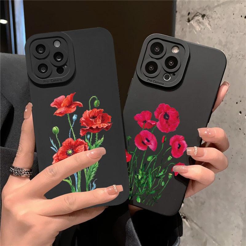 Flower Bloom Phone Case Black Color For iPhone 7 8 Plus SE 13 12 11 Pro Max X XR XS Soft Silicone Never Faded Floral Phone Cases Silicone Shockproof Hard Case