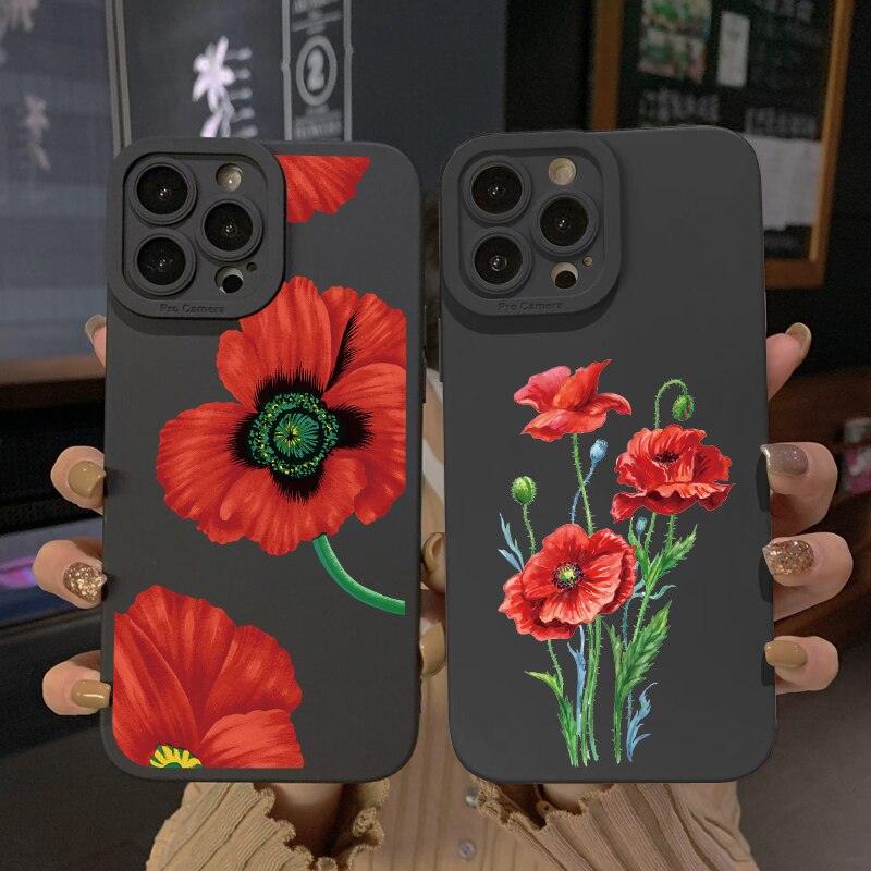 Flower Bloom Phone Case Black Color For iPhone 7 8 Plus SE 13 12 11 Pro Max X XR XS Soft Silicone Never Faded Floral Phone Cases Silicone Shockproof Hard Case