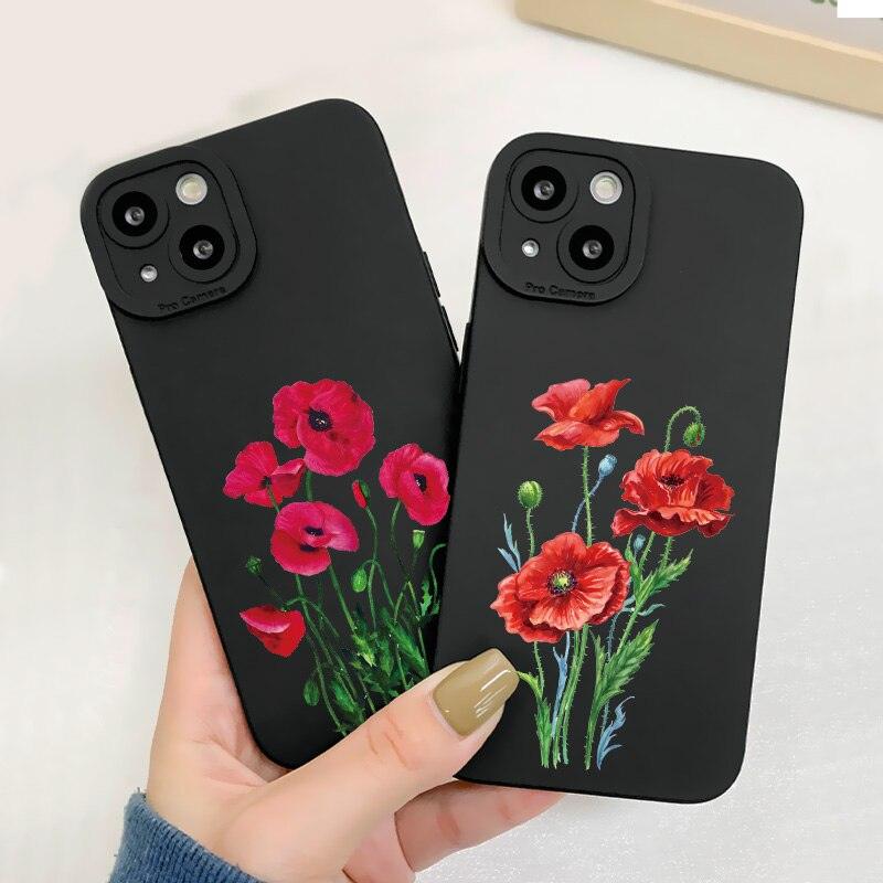 Flower Bloom Phone Case Black Color For iPhone 7 8 Plus SE 13 12 11 Pro Max X XR XS Soft Silicone Never Faded Floral Phone Cases Silicone Shockproof Hard Case