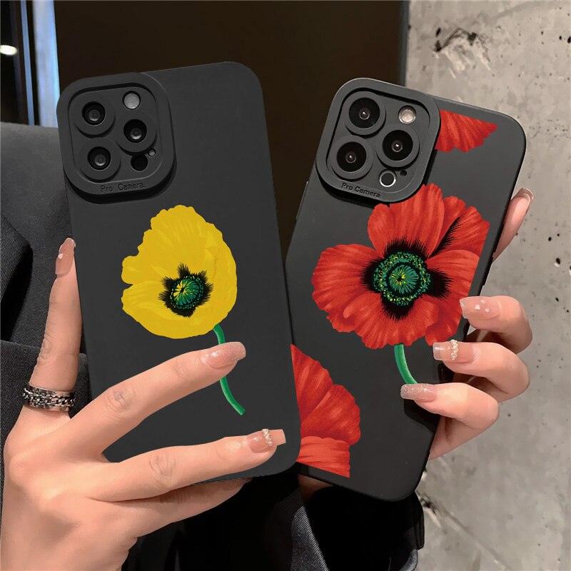 Flower Bloom Phone Case Black Color For iPhone 7 8 Plus SE 13 12 11 Pro Max X XR XS Soft Silicone Never Faded Floral Phone Cases Silicone Shockproof Hard Case
