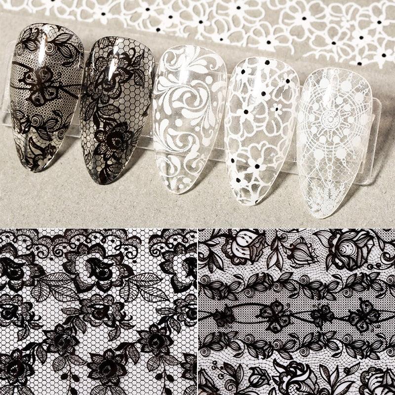 Flower Chic Lace Nail Foils Colorful Self-Adhesive 3D Nail Stickers Stripe Line Transfer Decals iridescent Decoration Nail Self-Adhesive Decals Nail Stickers Water Transfer Fresh Nail Decals for Nail Art Butterfly Palm