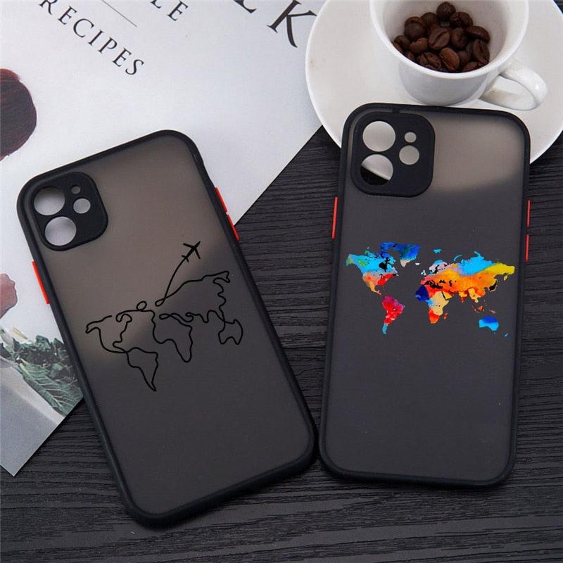 Funny World Map Travel Airplane Clear Phone Case for iPhone 13 12 11 Pro MAX XS XR SE2 7 8Plus Hard Matte Cover Shockproof Shell Unique Trendy Bumper Protective Cover Case