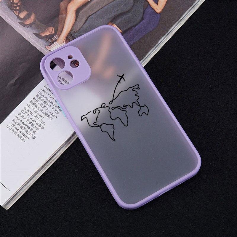 Funny World Map Travel Airplane Clear Phone Case for iPhone 13 12 11 Pro MAX XS XR SE2 7 8Plus Hard Matte Cover Shockproof Shell Unique Trendy Bumper Protective Cover Case