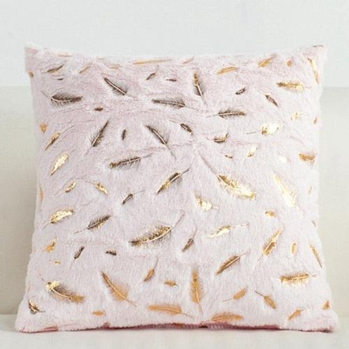 Fur Cushion Cover Pillowcases Solid Color White Gray Pink Red Black Decorative Christmas Throw Pillow Covers Plush Faux Fur With Gold Feathers Gilding Cushion Covers Cases Soft Fuzzy Cute Pillowcase For Couch Bed