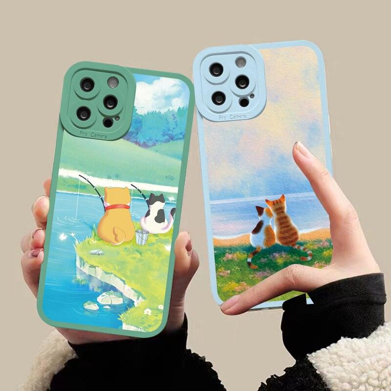 Great Cat Scenery Phone Case For iphone X XR XS 11 12 14 13 Pro Max backward cat Case For iphone 7 8Plus SE2 Soft Print Design for Women Grils Shockproof Slim Fit Cover Protective Phone Case for iPhone