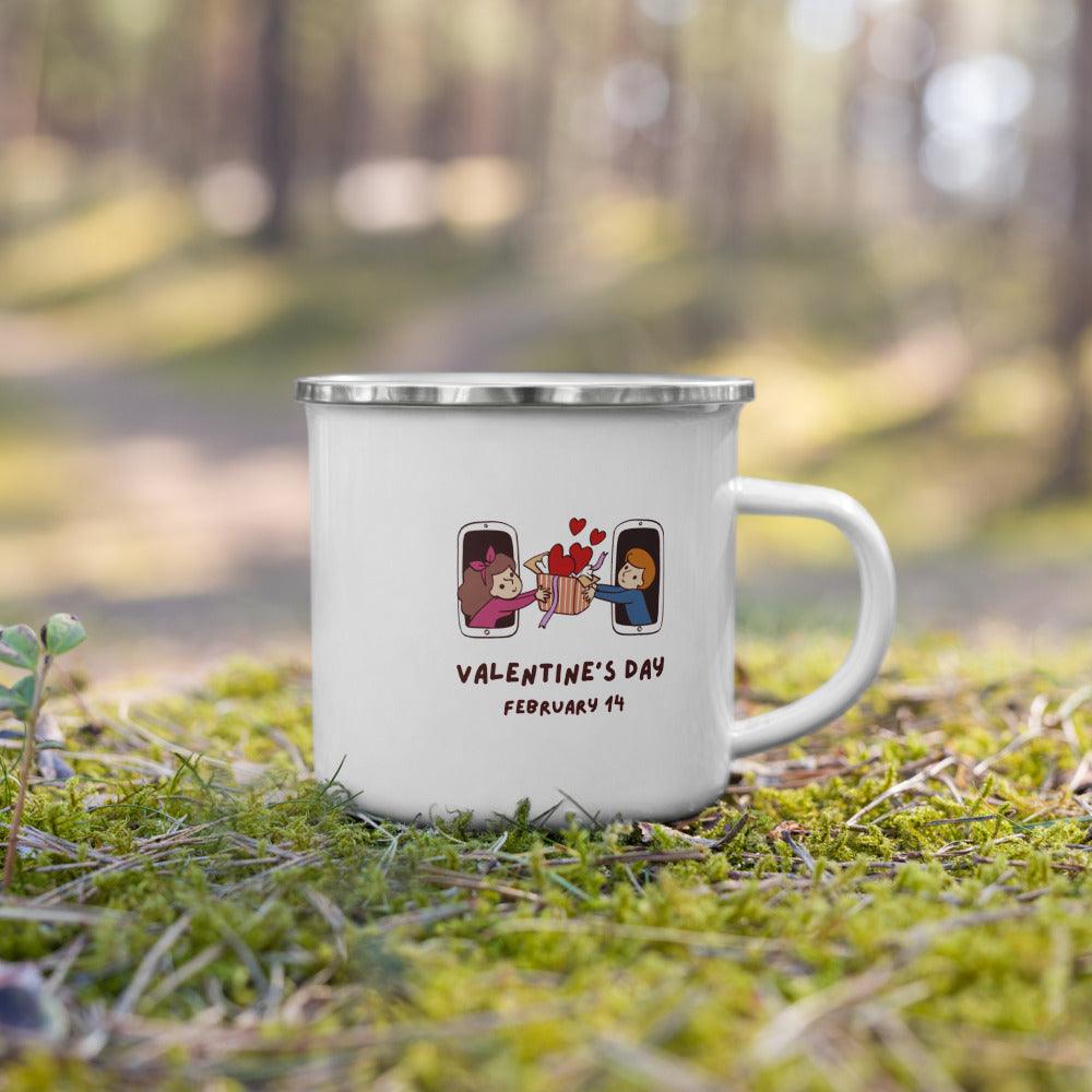 Happy Valentine Boy and Girl Coffee Camp Small Enamel Tea Cups for Indoor and Outdoor Activities Wide Handle & Smooth Rim Portable & Durable Enamel Mug - STEVVEX POD - 1002, Customized mug, enammel mug, Enanle love mug, I love you enamled mug, I love you mug, Love mug, Love Printed enamel mufg, Print on demand, Print on demand enammel mug, Print on demand love valentine enamel mug, Valentine love enamel mug, Valentine mug - Stevvex.com