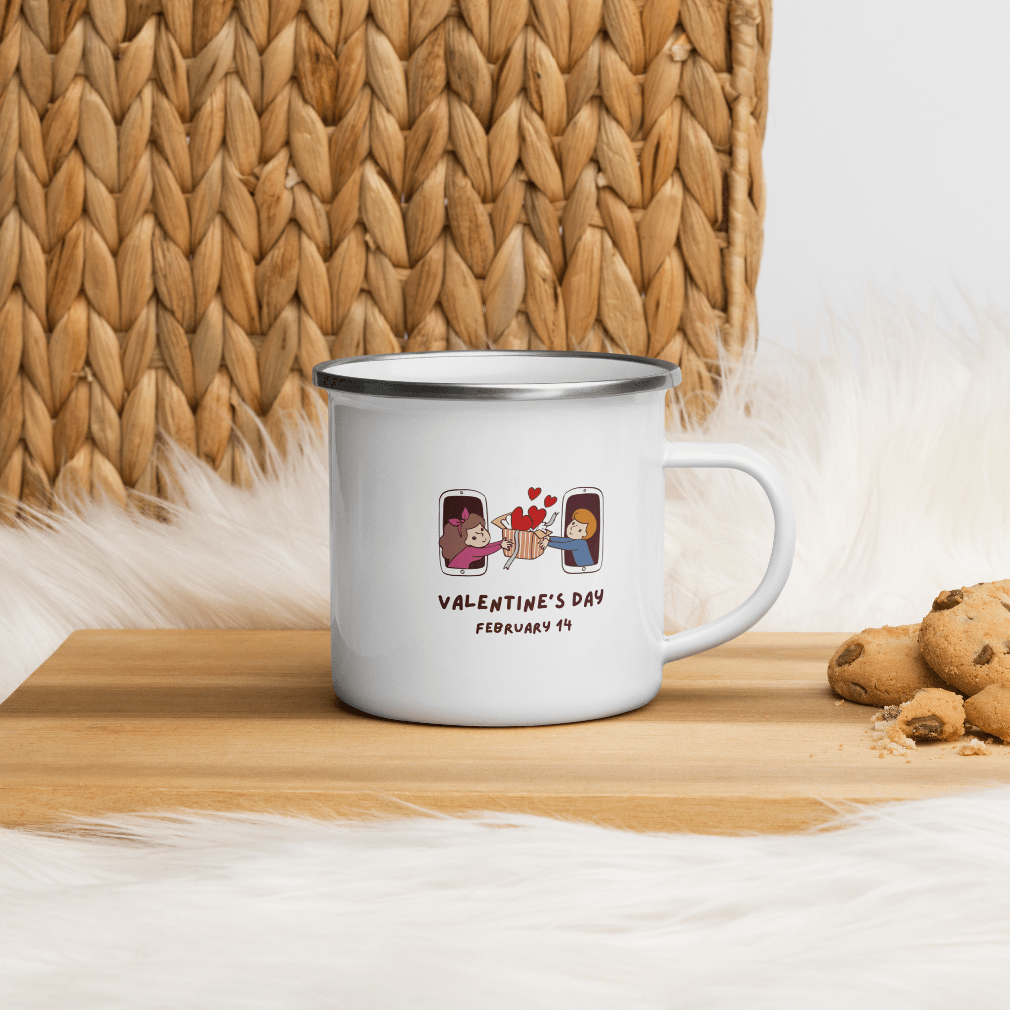 Happy Valentine Boy and Girl Coffee Camp Small Enamel Tea Cups for Indoor and Outdoor Activities Wide Handle & Smooth Rim Portable & Durable Enamel Mug - STEVVEX POD - 1002, Customized mug, enammel mug, Enanle love mug, I love you enamled mug, I love you mug, Love mug, Love Printed enamel mufg, Print on demand, Print on demand enammel mug, Print on demand love valentine enamel mug, Valentine love enamel mug, Valentine mug - Stevvex.com