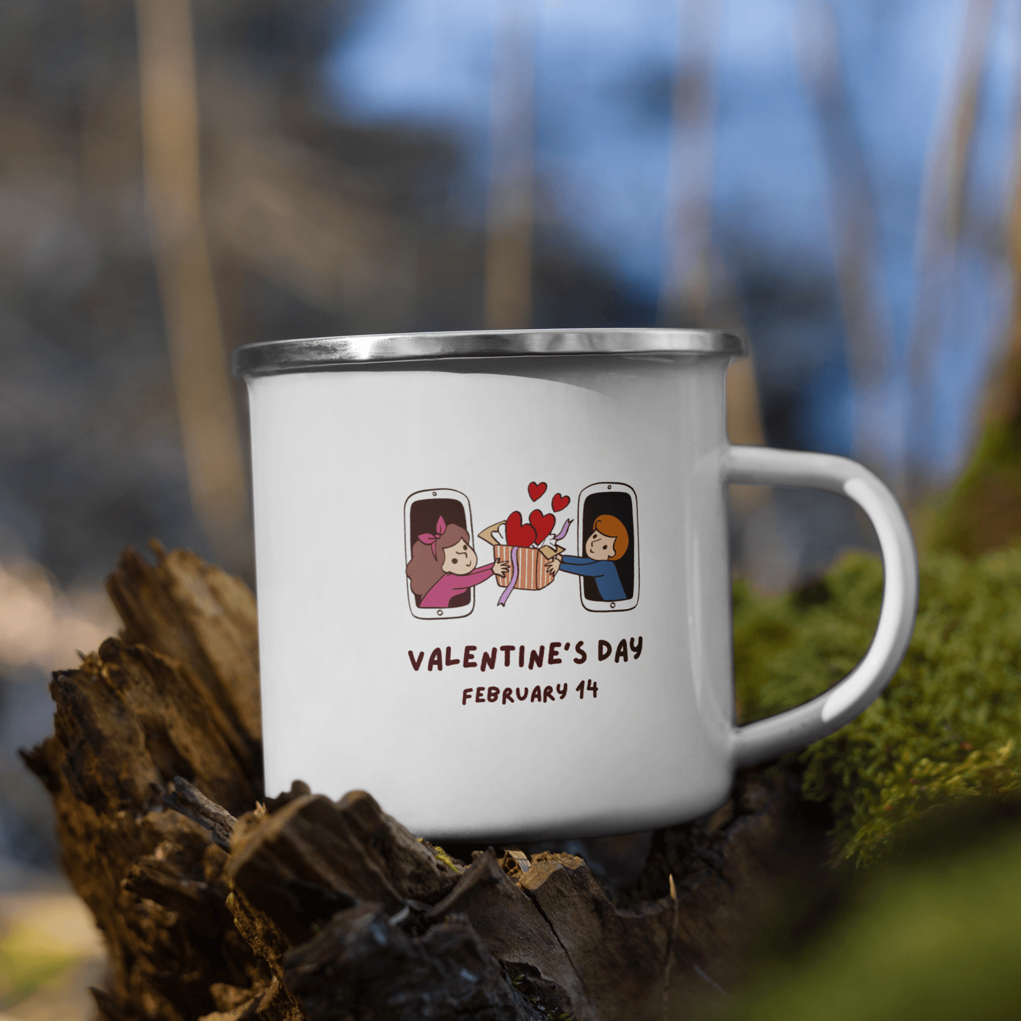 Happy Valentine Boy and Girl Coffee Camp Small Enamel Tea Cups for Indoor and Outdoor Activities Wide Handle & Smooth Rim Portable & Durable Enamel Mug - STEVVEX POD - 1002, Customized mug, enammel mug, Enanle love mug, I love you enamled mug, I love you mug, Love mug, Love Printed enamel mufg, Print on demand, Print on demand enammel mug, Print on demand love valentine enamel mug, Valentine love enamel mug, Valentine mug - Stevvex.com