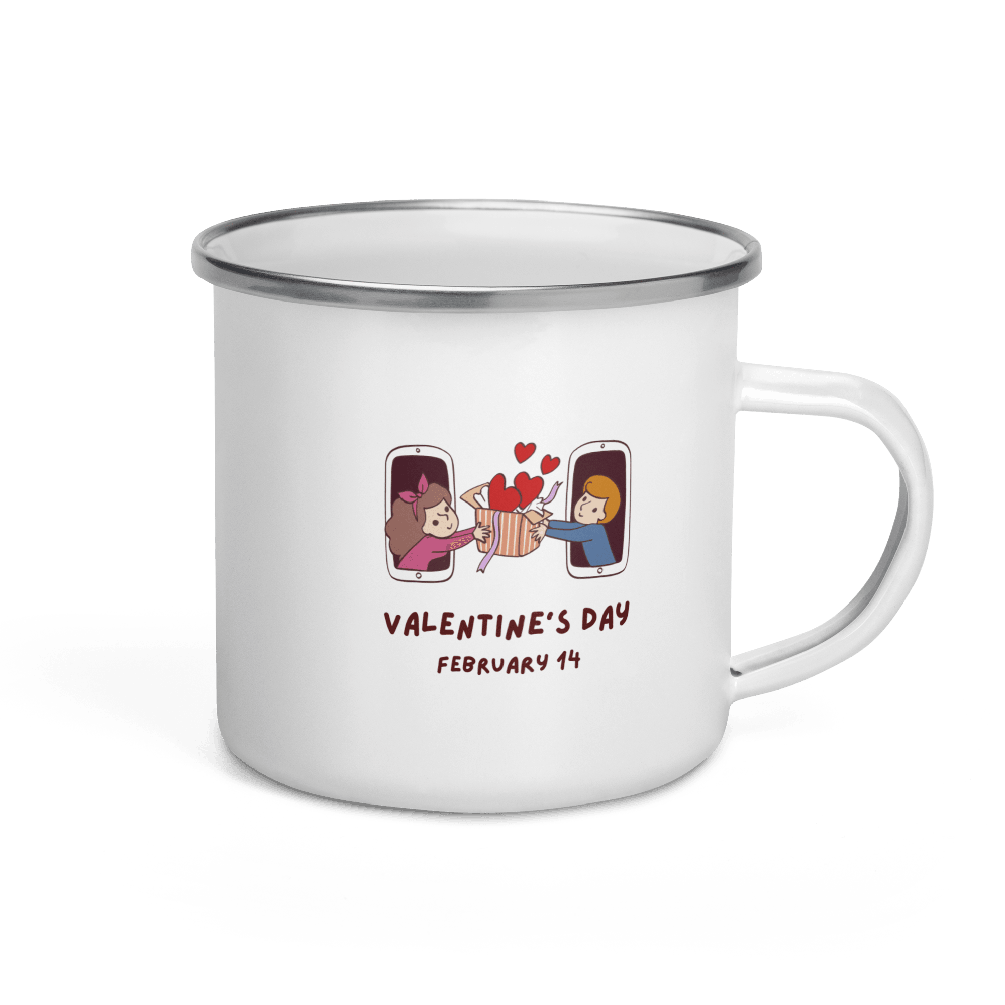 Happy Valentine Boy and Girl Coffee Camp Small Enamel Tea Cups for Indoor and Outdoor Activities Wide Handle & Smooth Rim Portable & Durable Enamel Mug - STEVVEX POD - 1002, Customized mug, enammel mug, Enanle love mug, I love you enamled mug, I love you mug, Love mug, Love Printed enamel mufg, Print on demand, Print on demand enammel mug, Print on demand love valentine enamel mug, Valentine love enamel mug, Valentine mug - Stevvex.com