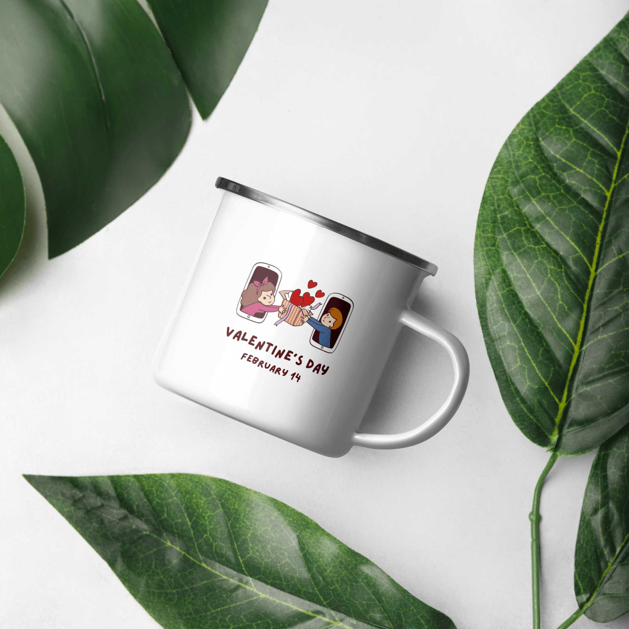 Happy Valentine Boy and Girl Coffee Camp Small Enamel Tea Cups for Indoor and Outdoor Activities Wide Handle & Smooth Rim Portable & Durable Enamel Mug - STEVVEX POD - 1002, Customized mug, enammel mug, Enanle love mug, I love you enamled mug, I love you mug, Love mug, Love Printed enamel mufg, Print on demand, Print on demand enammel mug, Print on demand love valentine enamel mug, Valentine love enamel mug, Valentine mug - Stevvex.com