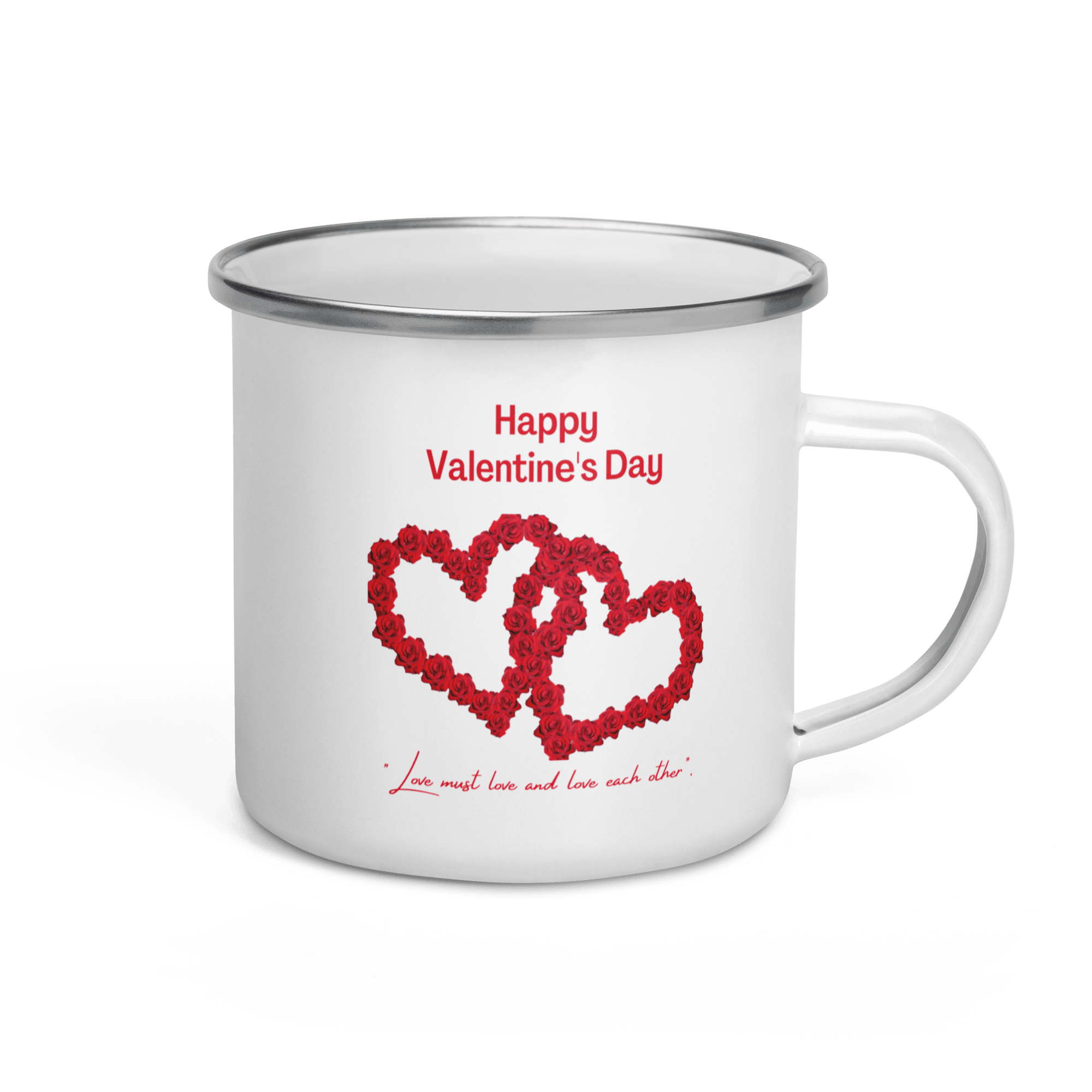 Happy Valentines Enamel Mug With Two Big Rose Red Hearts And Text Love Must Love and Love Each Other Unique Valentine Gift For Her Or Him Camping Mug Printed on One Side - STEVVEX POD - 1002, Customized mug, enammel mug, Happy VAlentine Enammel mug, Happy Valentine gift, Happy valentine mug, I love you enamel mug, I love you mug, Love must Love and love each other enammel mug, Print on demand, Print on demand enammel mug, Two Big Heart Mug, Valentine mug, Valentine mug Pig Valentine mug - Stevvex.com