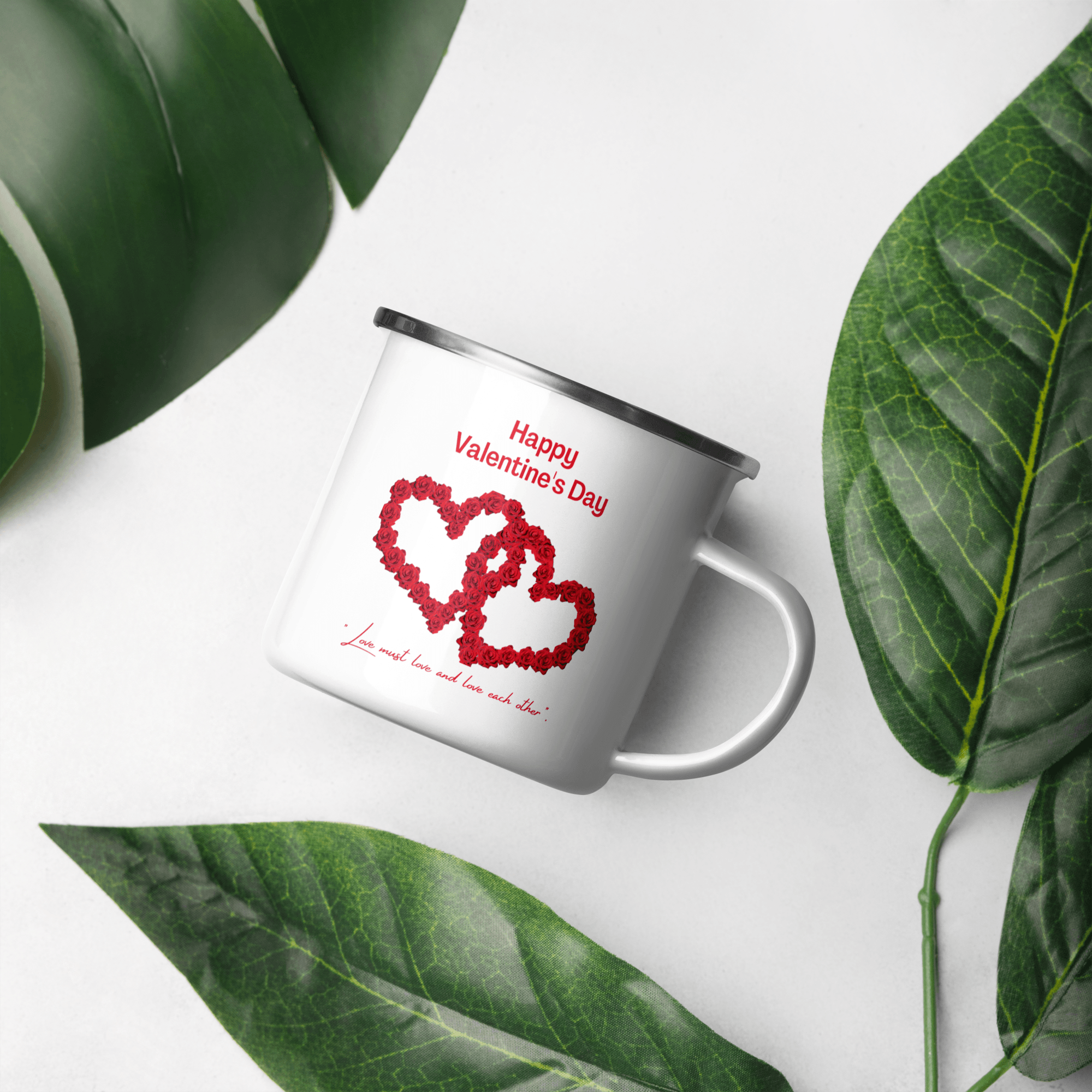 Happy Valentines Enamel Mug With Two Big Rose Red Hearts And Text Love Must Love and Love Each Other Unique Valentine Gift For Her Or Him Camping Mug Printed on One Side - STEVVEX POD - 1002, Customized mug, enammel mug, Happy VAlentine Enammel mug, Happy Valentine gift, Happy valentine mug, I love you enamel mug, I love you mug, Love must Love and love each other enammel mug, Print on demand, Print on demand enammel mug, Two Big Heart Mug, Valentine mug, Valentine mug Pig Valentine mug - Stevvex.com