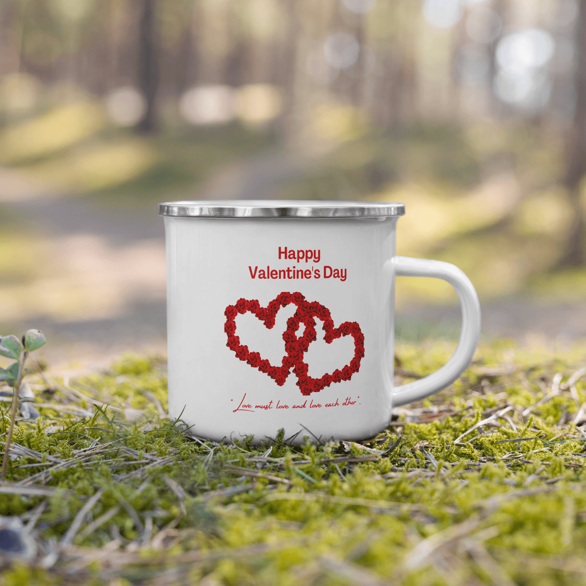 Happy Valentines Enamel Mug With Two Big Rose Red Hearts And Text Love Must Love and Love Each Other Unique Valentine Gift For Her Or Him Camping Mug Printed on One Side - STEVVEX POD - 1002, Customized mug, enammel mug, Happy VAlentine Enammel mug, Happy Valentine gift, Happy valentine mug, I love you enamel mug, I love you mug, Love must Love and love each other enammel mug, Print on demand, Print on demand enammel mug, Two Big Heart Mug, Valentine mug, Valentine mug Pig Valentine mug - Stevvex.com