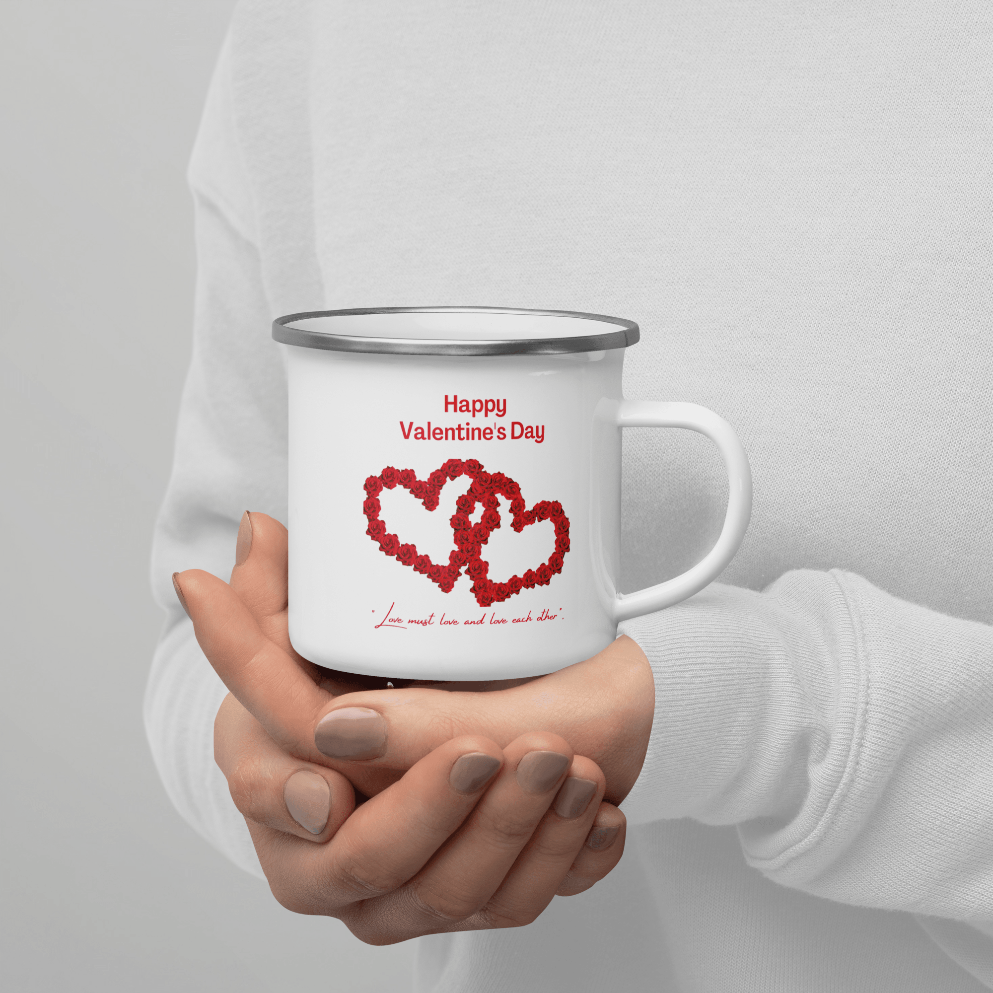 Happy Valentines Enamel Mug With Two Big Rose Red Hearts And Text Love Must Love and Love Each Other Unique Valentine Gift For Her Or Him Camping Mug Printed on One Side - STEVVEX POD - 1002, Customized mug, enammel mug, Happy VAlentine Enammel mug, Happy Valentine gift, Happy valentine mug, I love you enamel mug, I love you mug, Love must Love and love each other enammel mug, Print on demand, Print on demand enammel mug, Two Big Heart Mug, Valentine mug, Valentine mug Pig Valentine mug - Stevvex.com