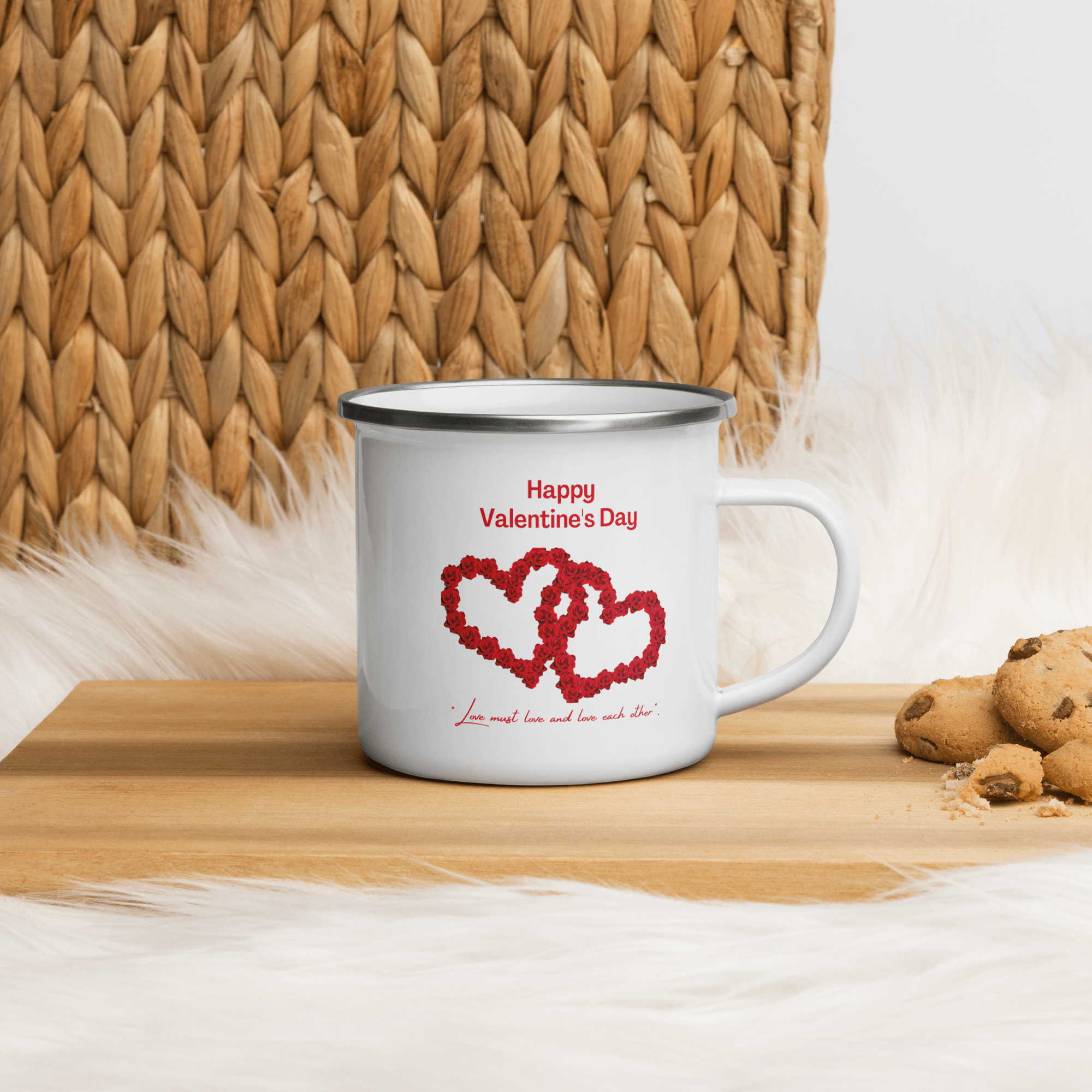 Happy Valentines Enamel Mug With Two Big Rose Red Hearts And Text Love Must Love and Love Each Other Unique Valentine Gift For Her Or Him Camping Mug Printed on One Side - STEVVEX POD - 1002, Customized mug, enammel mug, Happy VAlentine Enammel mug, Happy Valentine gift, Happy valentine mug, I love you enamel mug, I love you mug, Love must Love and love each other enammel mug, Print on demand, Print on demand enammel mug, Two Big Heart Mug, Valentine mug, Valentine mug Pig Valentine mug - Stevvex.com