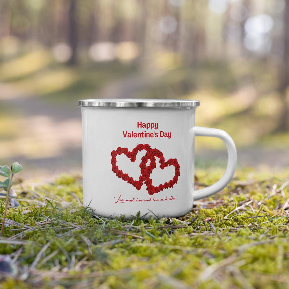 Happy Valentines Enamel Mug With Two Big Rose Red Hearts And Text Love Must Love and Love Each Other Unique Valentine Gift For Her Or Him Camping Mug Printed on One Side - STEVVEX POD - 1002, Customized mug, enammel mug, Happy VAlentine Enammel mug, Happy Valentine gift, Happy valentine mug, I love you enamel mug, I love you mug, Love must Love and love each other enammel mug, Print on demand, Print on demand enammel mug, Two Big Heart Mug, Valentine mug, Valentine mug Pig Valentine mug - Stevvex.com