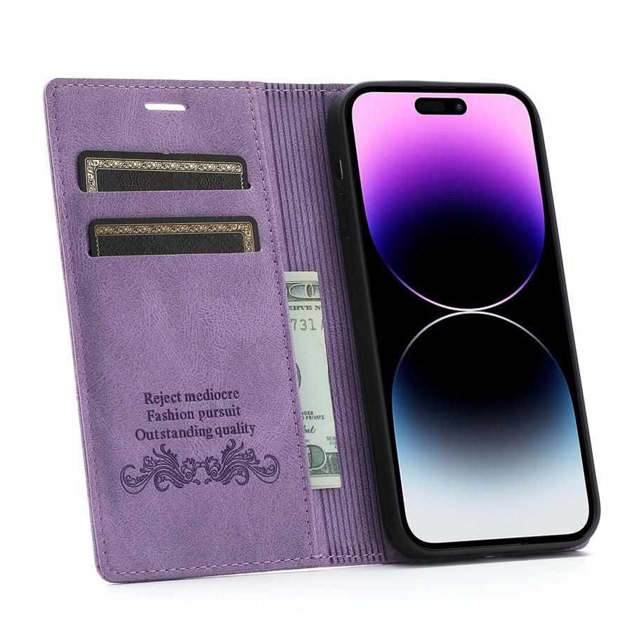Iphone Wallet Skin Friendly Magnetic Flip With Card Slot Leather Case For iPhone 14 Pro Max 13 12 11 Modern Purple Genuine Leather Detachable Magnetic Flip Cover with Card Holders