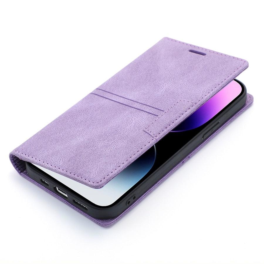 Iphone Wallet Skin Friendly Magnetic Flip With Card Slot Leather Case For iPhone 14 Pro Max 13 12 11 Modern Purple Genuine Leather Detachable Magnetic Flip Cover with Card Holders
