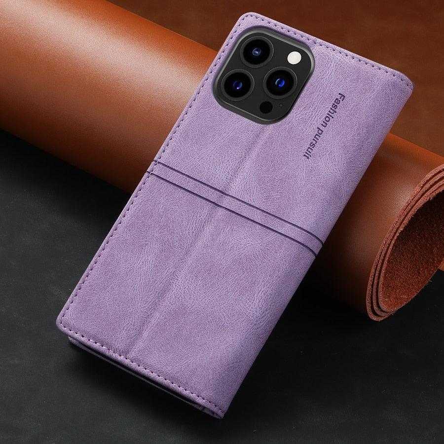 Iphone Wallet Skin Friendly Magnetic Flip With Card Slot Leather Case For iPhone 14 Pro Max 13 12 11 Modern Purple Genuine Leather Detachable Magnetic Flip Cover with Card Holders