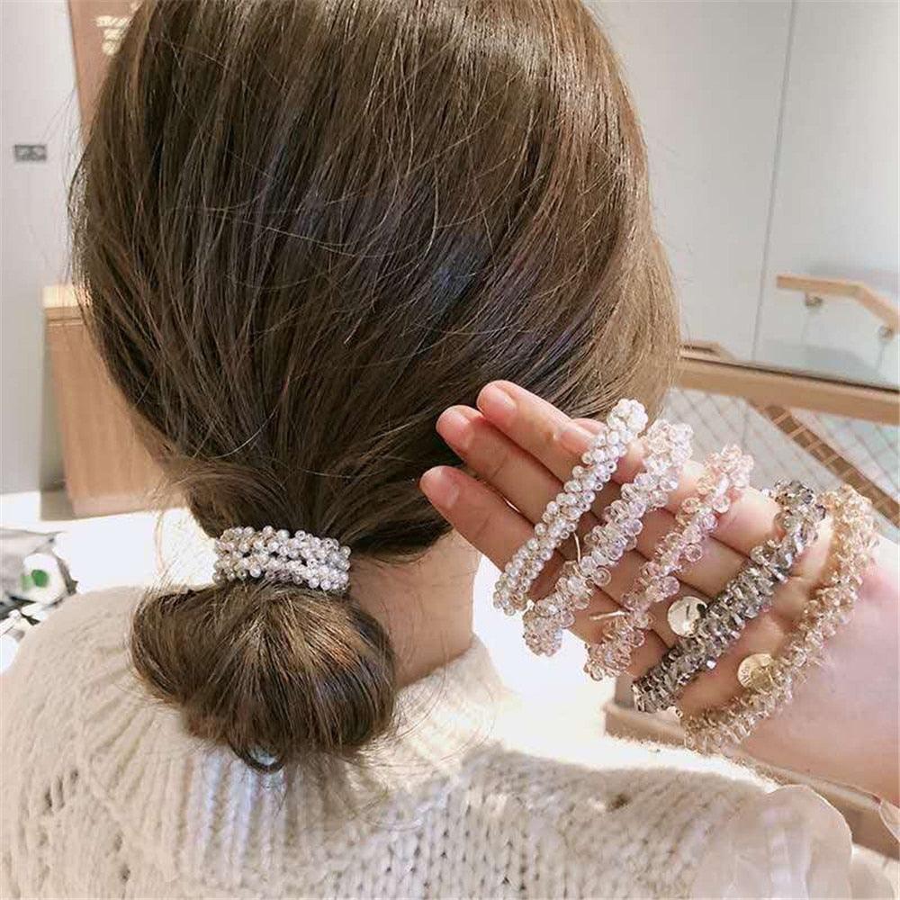 Ladies Pearl Multicolor Beads Hair Tie Elastic Hair Rope Simple Metal Sheets Scrunchies Ponytail Holders Hair Accessories for Women and Girls