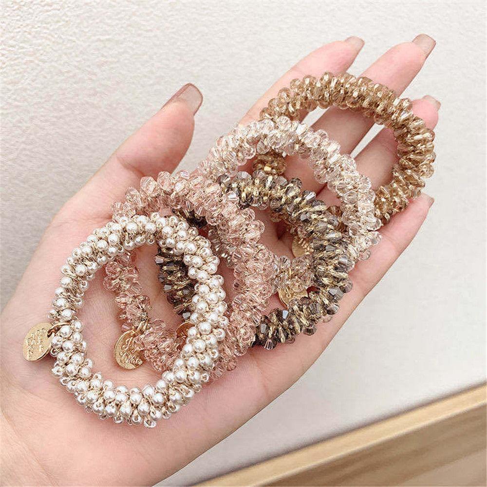 Ladies Pearl Multicolor Beads Hair Tie Elastic Hair Rope Simple Metal Sheets Scrunchies Ponytail Holders Hair Accessories for Women and Girls