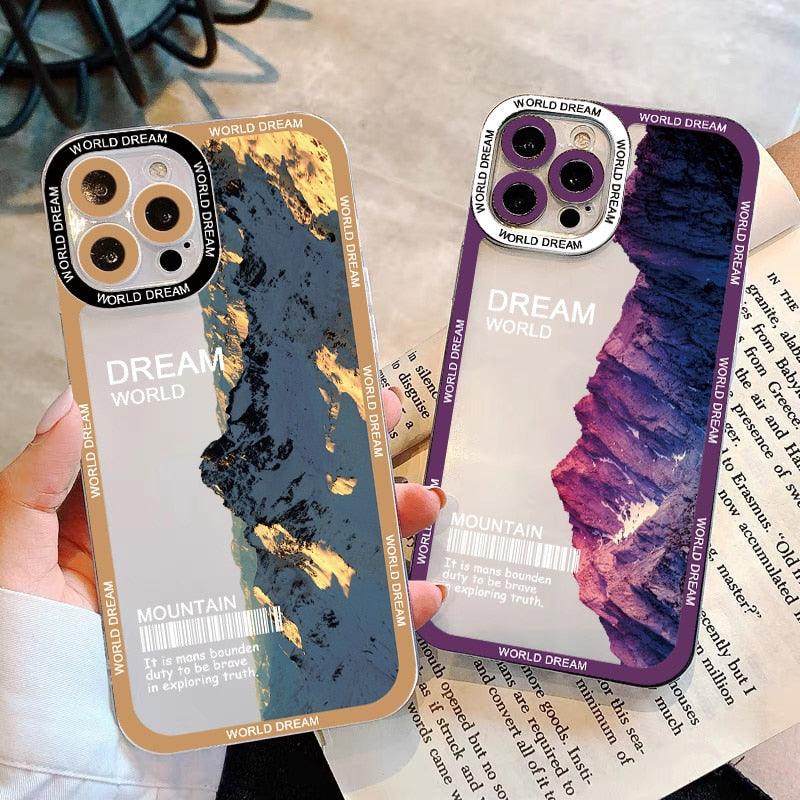 Landscape Snow Mountain Transparent Phone Case For iPhone 7 8 Plus 13 12 11 14 Pro Max X XR XS Luxury Clear Snow Mountain Moon Night Lovely Phone Case Soft Shockproof Camera Lens Protective Cute Case for iPhone