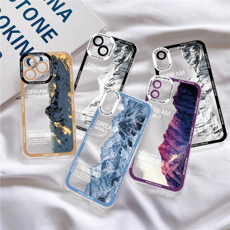 Landscape Snow Mountain Transparent Phone Case For iPhone 7 8 Plus 13 12 11 14 Pro Max X XR XS Luxury Clear Snow Mountain Moon Night Lovely Phone Case Soft Shockproof Camera Lens Protective Cute Case for iPhone