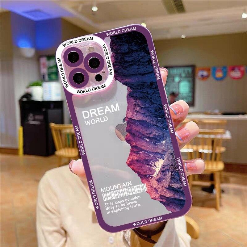 Landscape Snow Mountain Transparent Phone Case For iPhone 7 8 Plus 13 12 11 14 Pro Max X XR XS Luxury Clear Snow Mountain Moon Night Lovely Phone Case Soft Shockproof Camera Lens Protective Cute Case for iPhone
