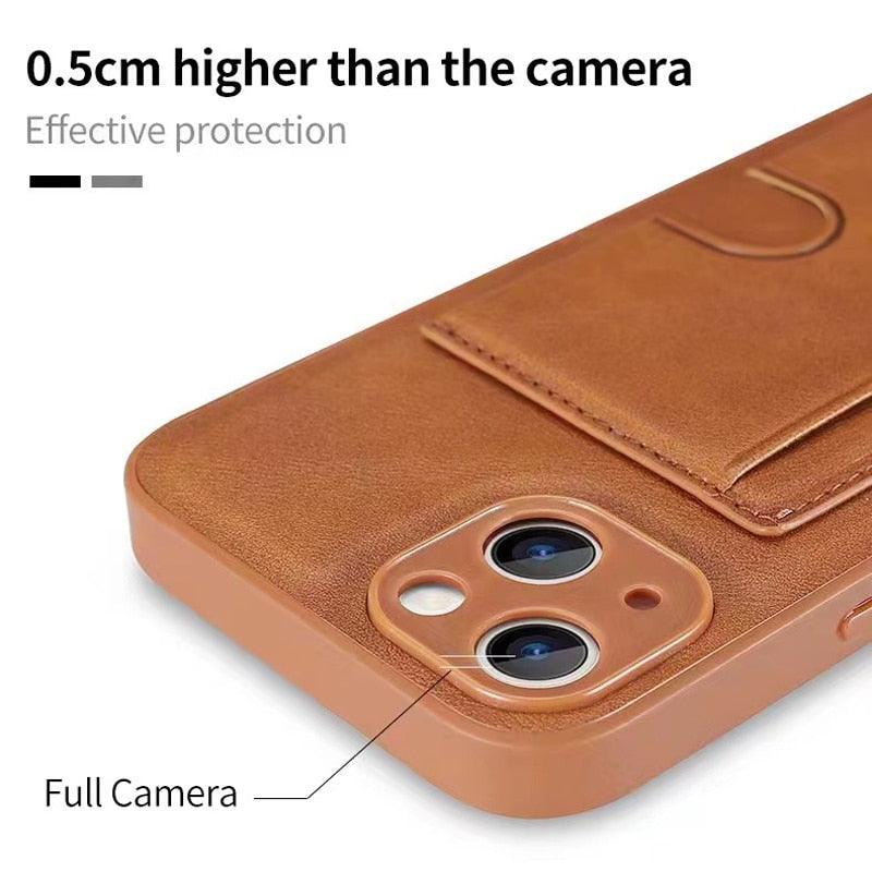 Leather Card Bracket Case for iPhone 14 Plus 13 12 11 Pro Max Bumper Bank Pocket Holder Shockproof Protective Camera Cover Leather Case for iPhone with Slim Wallet Card Holder - STEVVEX Gadgets - 1006, Beautiful Phone Case, Black Phone Case, Elegant Phone Case, Fashion Phone Case, Leather Phone Case, Man Phone Case, Modern Phone Case, Phone Case, Phone Case For Iphone, Popular Phone Case, Strong Phone Case, Stylish Phone Case, Wallet Phone Case, Women Phone Case - Stevvex.com