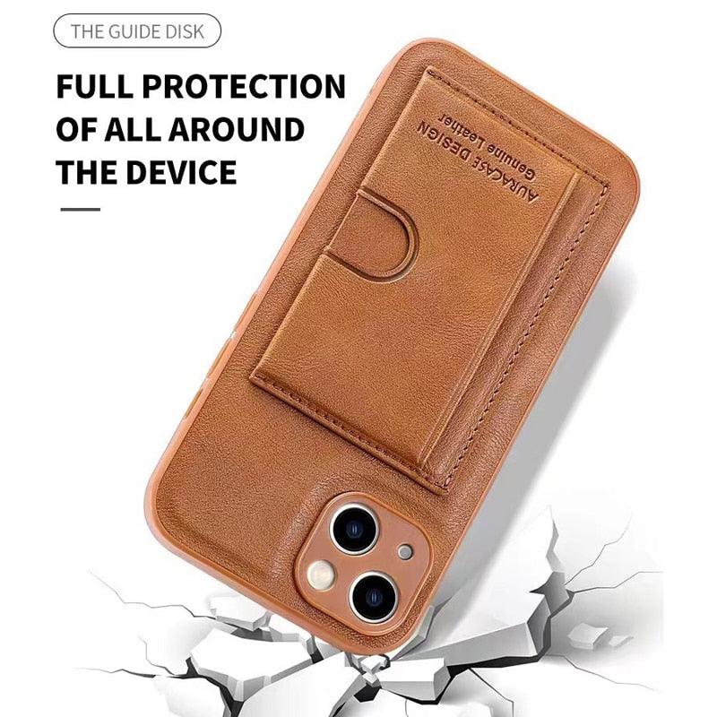 Leather Card Bracket Case for iPhone 14 Plus 13 12 11 Pro Max Bumper Bank Pocket Holder Shockproof Protective Camera Cover Leather Case for iPhone with Slim Wallet Card Holder - STEVVEX Gadgets - 1006, Beautiful Phone Case, Black Phone Case, Elegant Phone Case, Fashion Phone Case, Leather Phone Case, Man Phone Case, Modern Phone Case, Phone Case, Phone Case For Iphone, Popular Phone Case, Strong Phone Case, Stylish Phone Case, Wallet Phone Case, Women Phone Case - Stevvex.com