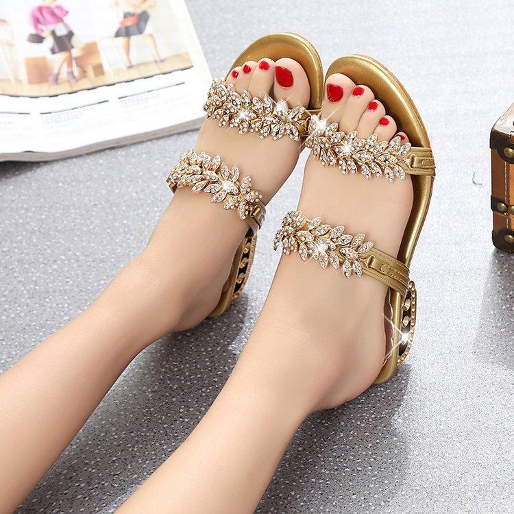 Luxury Black Shiny Women Summer Beach Sandals Fashion Women Rhinestone Outdoor Slippers Rhinestone Glitter Square Toe Ring Elastic Slingback Flat Casual Summer Beach Sandals