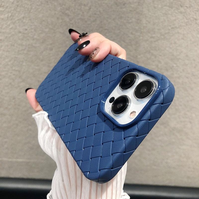 Luxury Breathable Mesh Grid Weave Phone Case For iPhone 14 Pro Max 13 12 11 Purple Leather Soft Silicone Cover Weave Grid Lattice Print Design Soft Silicone Camera Screen Protect Bumper Case for Women