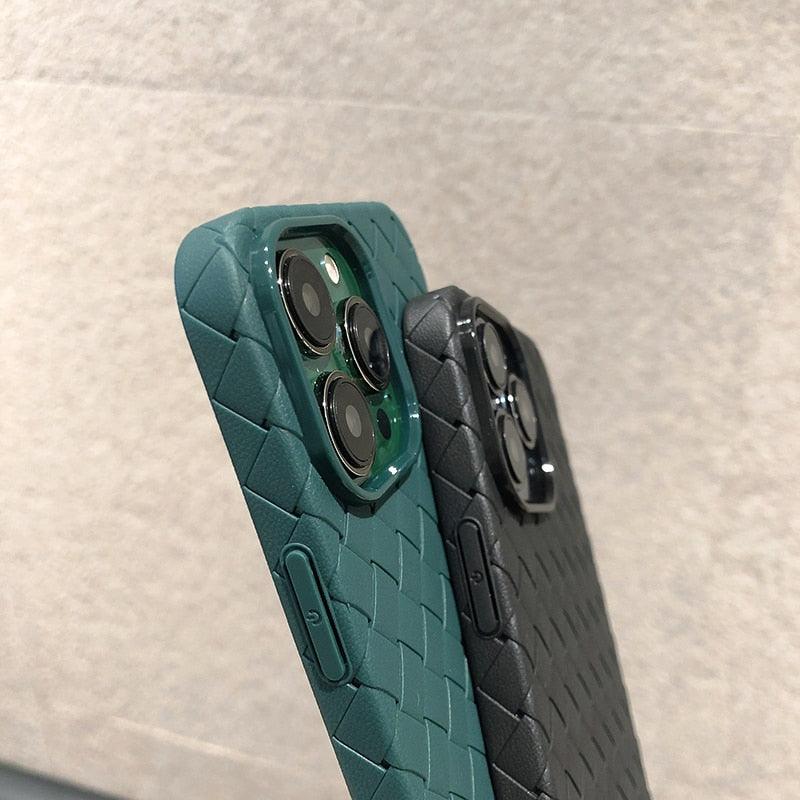 Luxury Breathable Mesh Grid Weave Phone Case For iPhone 14 Pro Max 13 12 11 Purple Leather Soft Silicone Cover Weave Grid Lattice Print Design Soft Silicone Camera Screen Protect Bumper Case for Women