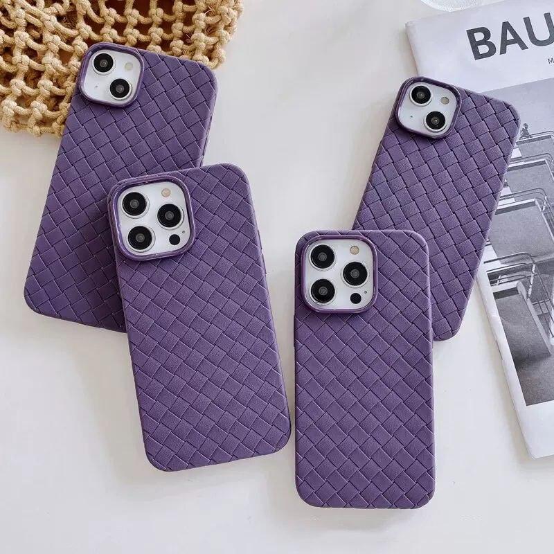 Luxury Breathable Mesh Grid Weave Phone Case For iPhone 14 Pro Max 13 12 11 Purple Leather Soft Silicone Cover Weave Grid Lattice Print Design Soft Silicone Camera Screen Protect Bumper Case for Women