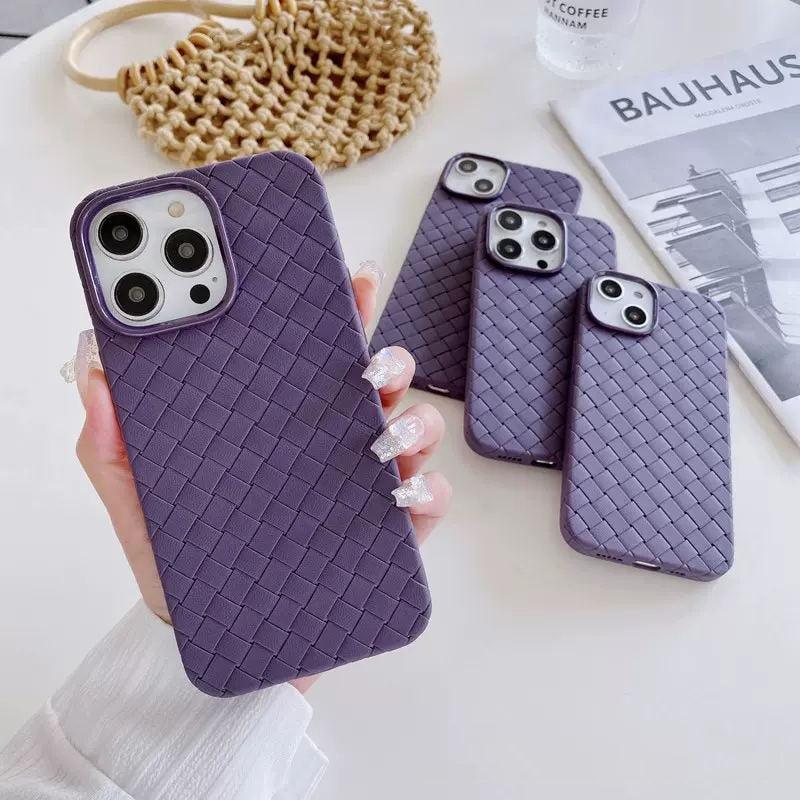 Luxury Breathable Mesh Grid Weave Phone Case For iPhone 14 Pro Max 13 12 11 Purple Leather Soft Silicone Cover Weave Grid Lattice Print Design Soft Silicone Camera Screen Protect Bumper Case for Women
