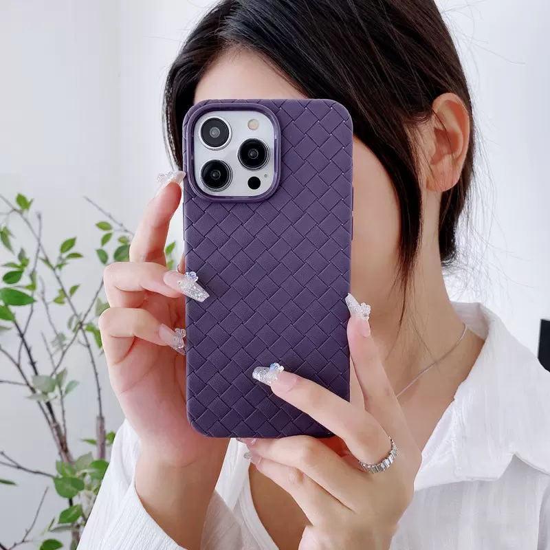 Luxury Breathable Mesh Grid Weave Phone Case For iPhone 14 Pro Max 13 12 11 Purple Leather Soft Silicone Cover Weave Grid Lattice Print Design Soft Silicone Camera Screen Protect Bumper Case for Women