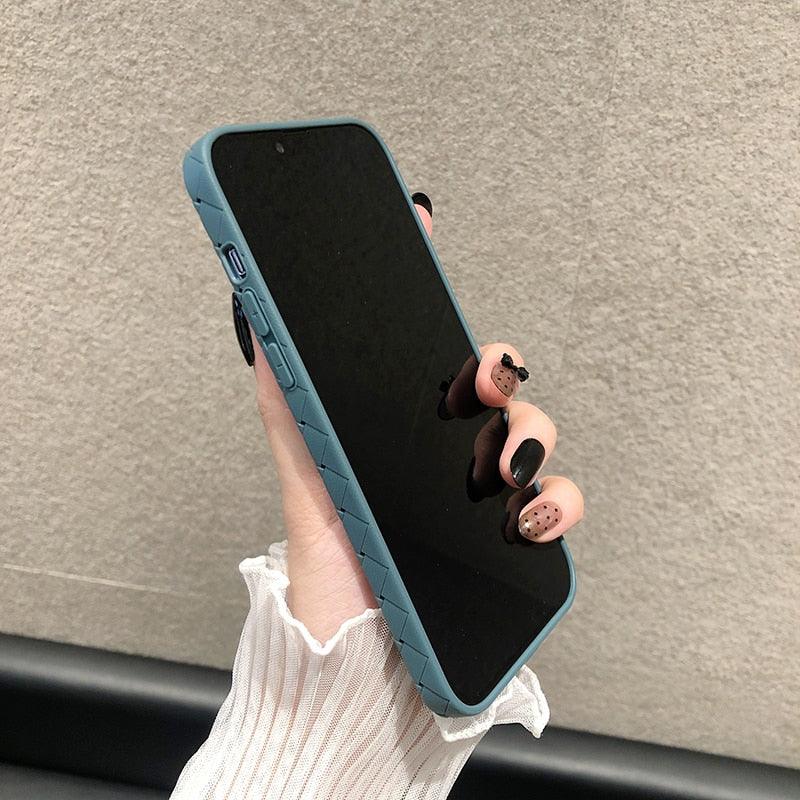 Luxury Breathable Mesh Grid Weave Phone Case For iPhone 14 Pro Max 13 12 11 Purple Leather Soft Silicone Cover Weave Grid Lattice Print Design Soft Silicone Camera Screen Protect Bumper Case for Women