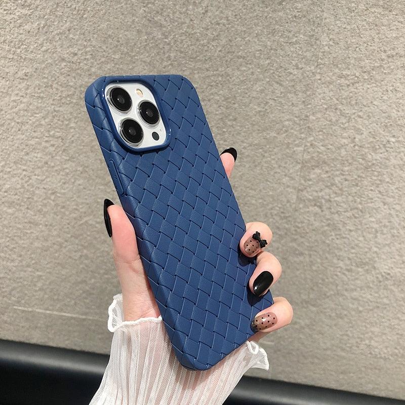 Luxury Breathable Mesh Grid Weave Phone Case For iPhone 14 Pro Max 13 12 11 Purple Leather Soft Silicone Cover Weave Grid Lattice Print Design Soft Silicone Camera Screen Protect Bumper Case for Women