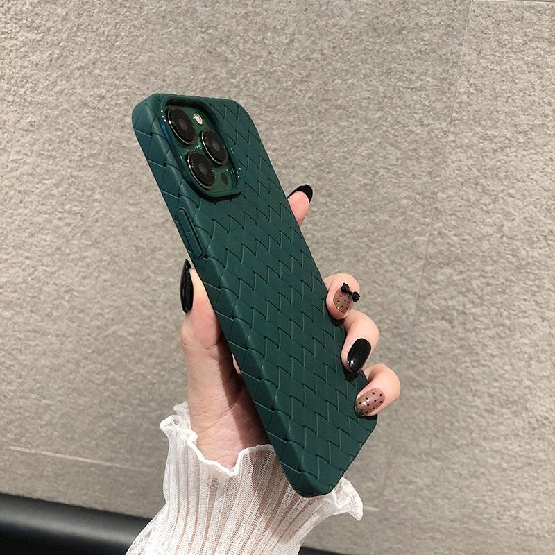 Luxury Breathable Mesh Grid Weave Phone Case For iPhone 14 Pro Max 13 12 11 Purple Leather Soft Silicone Cover Weave Grid Lattice Print Design Soft Silicone Camera Screen Protect Bumper Case for Women