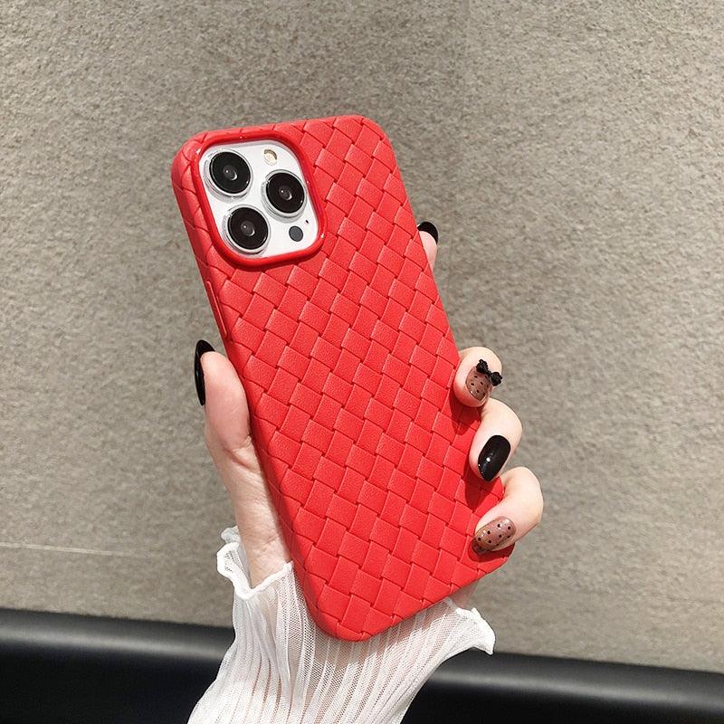 Luxury Breathable Mesh Grid Weave Phone Case For iPhone 14 Pro Max 13 12 11 Purple Leather Soft Silicone Cover Weave Grid Lattice Print Design Soft Silicone Camera Screen Protect Bumper Case for Women