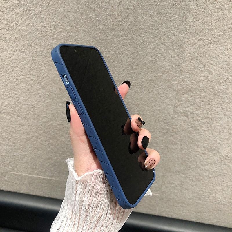 Luxury Breathable Mesh Grid Weave Phone Case For iPhone 14 Pro Max 13 12 11 Purple Leather Soft Silicone Cover Weave Grid Lattice Print Design Soft Silicone Camera Screen Protect Bumper Case for Women