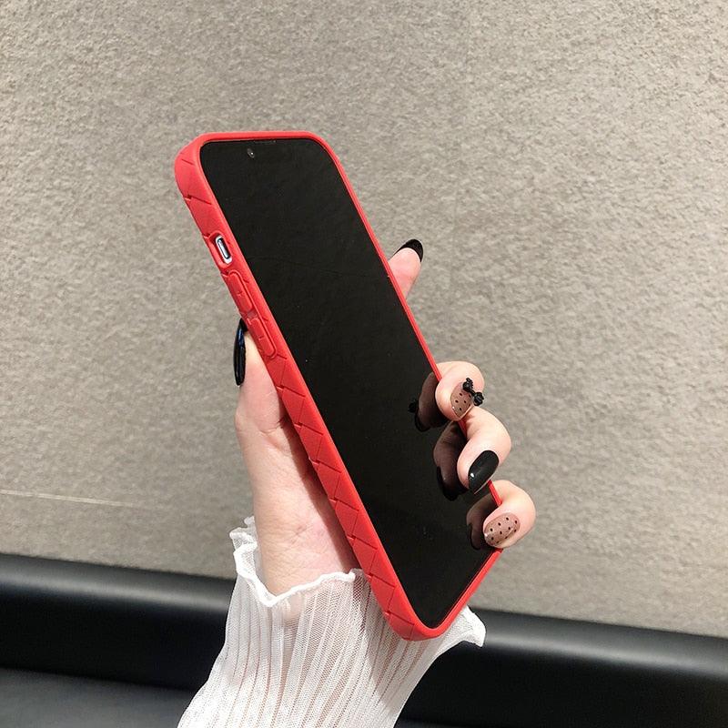 Luxury Breathable Mesh Grid Weave Phone Case For iPhone 14 Pro Max 13 12 11 Purple Leather Soft Silicone Cover Weave Grid Lattice Print Design Soft Silicone Camera Screen Protect Bumper Case for Women