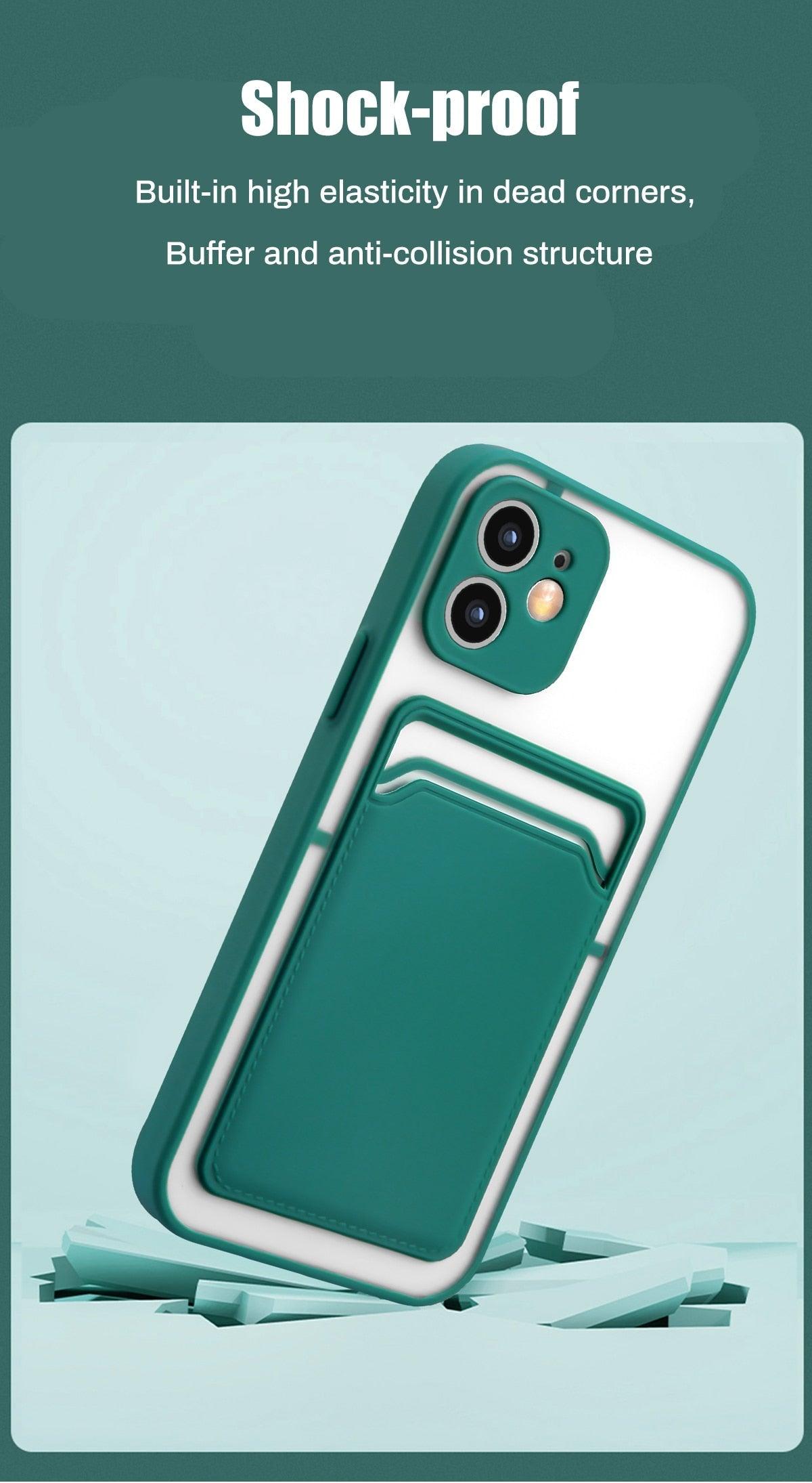 Luxury Card Holder Wallet Case For iPhone 11 Pro Max 12 Mini X XR 7 8 Plus XS Max Hard Solid Color Clear Protection Cover  Soft Silicone Shockproof Back Cover