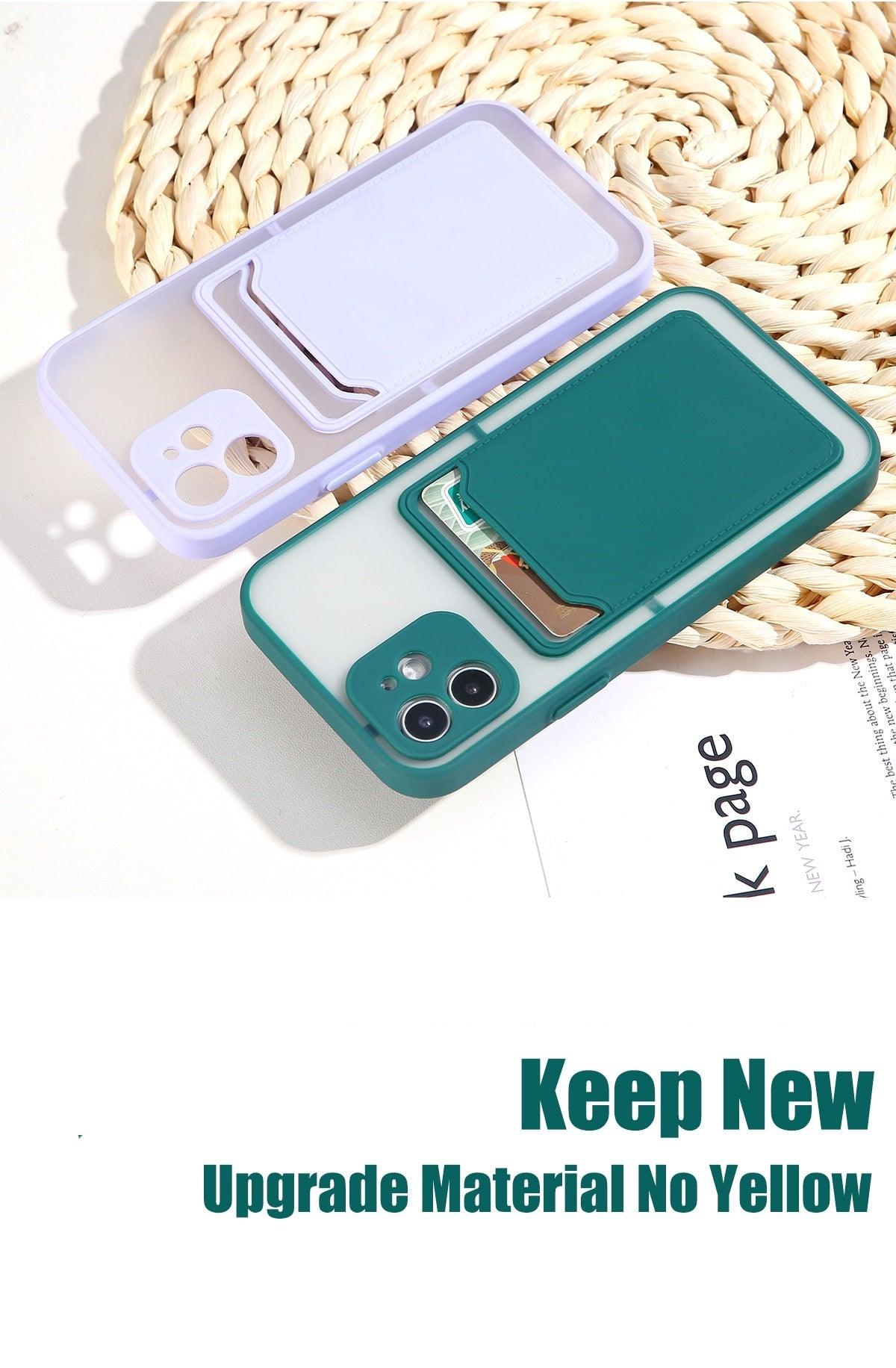 Luxury Card Holder Wallet Case For iPhone 11 Pro Max 12 Mini X XR 7 8 Plus XS Max Hard Solid Color Clear Protection Cover  Soft Silicone Shockproof Back Cover