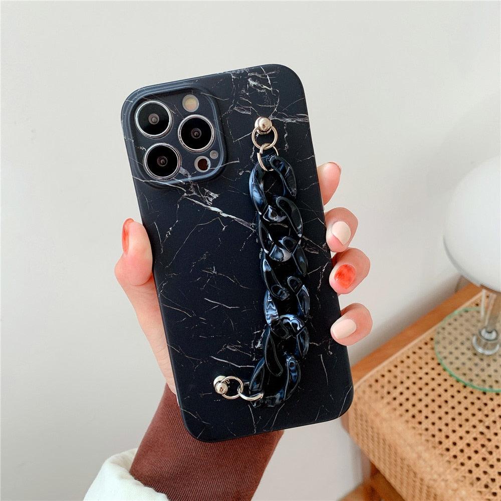 Marble Wriststrap Bracelet Chain Phone Case For iPhone 14 13 Pro Max 12 11 XS XR X 7 8 Plus SE 2020 Silicone Back Cover Colorful Silicone Fashion Pattern Ultra Thin Slim Bumper Shockproof Protective Case with Chain Wrist Strap Marble Iphone Case