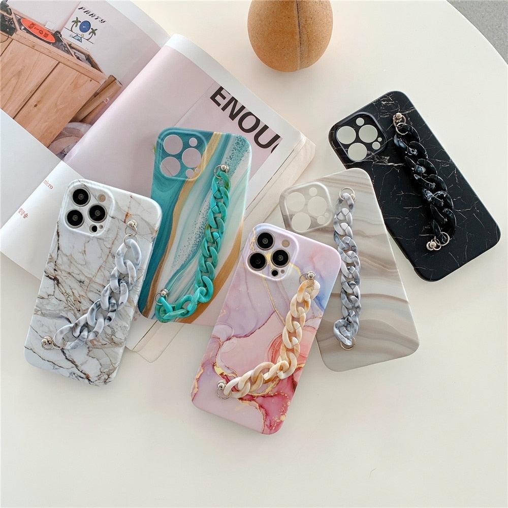 Marble Wriststrap Bracelet Chain Phone Case For iPhone 14 13 Pro Max 12 11 XS XR X 7 8 Plus SE 2020 Silicone Back Cover Colorful Silicone Fashion Pattern Ultra Thin Slim Bumper Shockproof Protective Case with Chain Wrist Strap Marble Iphone Case