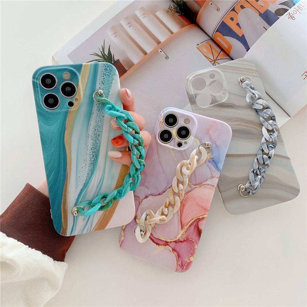 Marble Wriststrap Bracelet Chain Phone Case For iPhone 14 13 Pro Max 12 11 XS XR X 7 8 Plus SE 2020 Silicone Back Cover Colorful Silicone Fashion Pattern Ultra Thin Slim Bumper Shockproof Protective Case with Chain Wrist Strap Marble Iphone Case